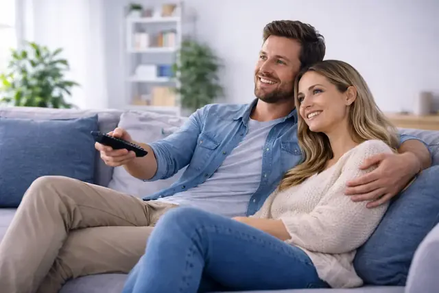 Family watching Titan IPTV on a living-room TV