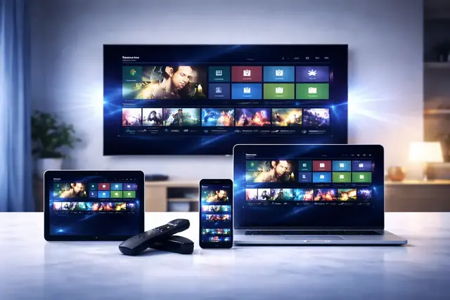 Titan IPTV playing on a smart TV, tablet, laptop and phone