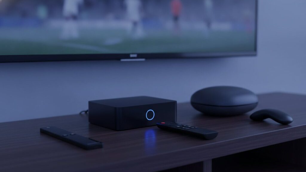 A streaming stick, a set-top box and a round streaming box with their remotes on a TV console