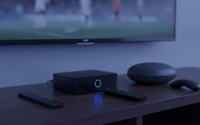 A streaming stick, a set-top box and a round streaming box with their remotes on a TV console