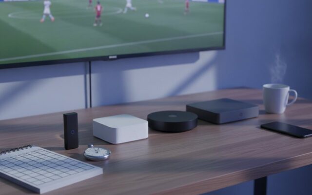 Five streaming devices, a notebook scoring grid and a stopwatch in front of a TV showing a football match