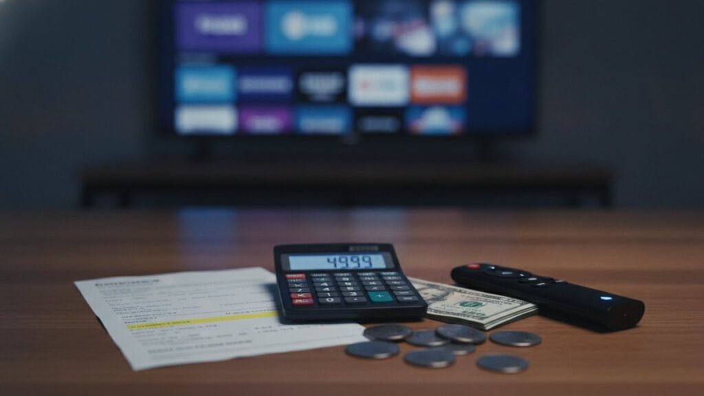 A calculator, dollar bills, coins, a streaming stick and a remote on a table in front of a TV