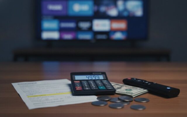 A calculator, dollar bills, coins, a streaming stick and a remote on a table in front of a TV