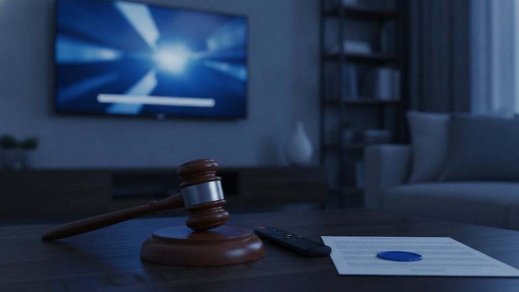 A judge gavel, a streaming remote and a sealed document on a coffee table in front of a TV