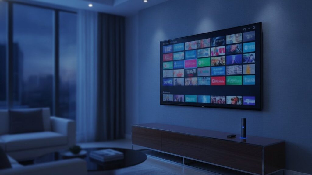 A living-room TV showing an IPTV channel guide with a streaming stick on the console